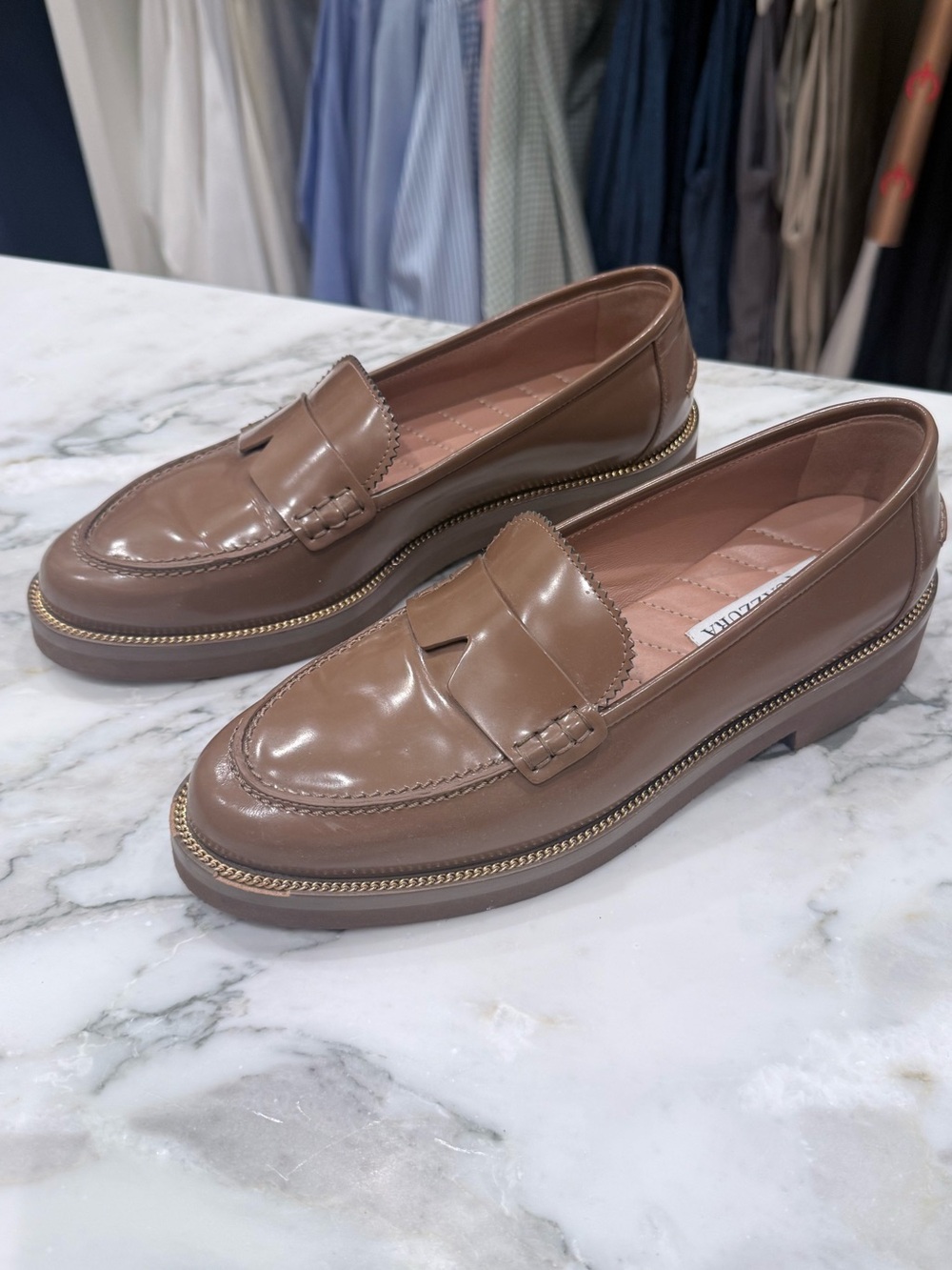 Aquazzura Taupe Patent Leather Chain-Trim Loafers